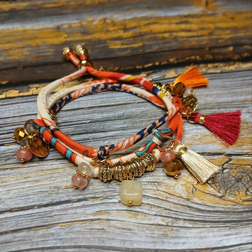 MAIA - Orange & Beige fabric cord, tassel & charm gemstones wrap bracelet