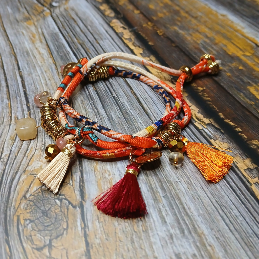 MAIA - Orange & Beige fabric cord, tassel & charm gemstones wrap bracelet