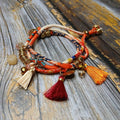 MAIA - Orange & Beige fabric cord, tassel & charm gemstones wrap bracelet