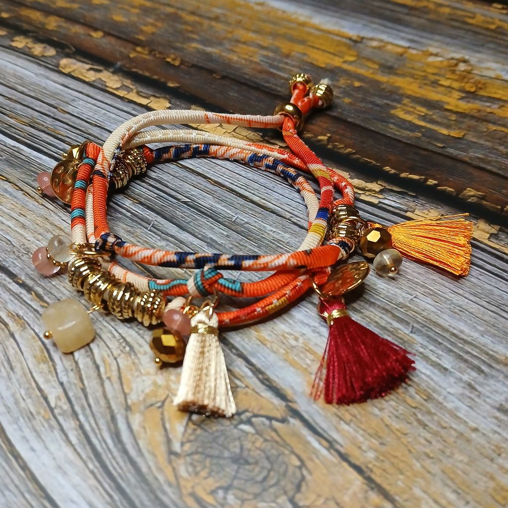 MAIA - Orange & Beige fabric cord, tassel & charm gemstones wrap bracelet