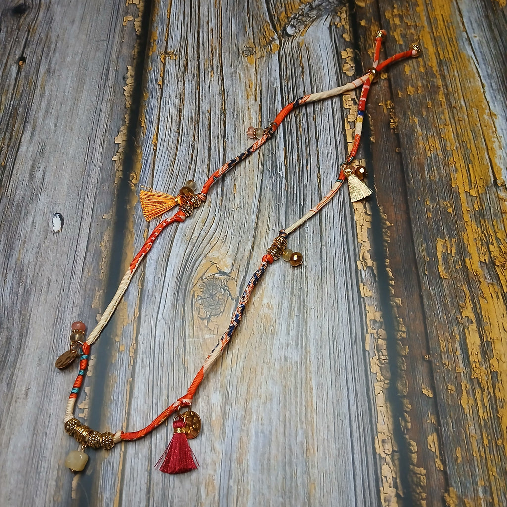 MAIA - Orange & Beige fabric cord, tassel & charm gemstones wrap bracelet