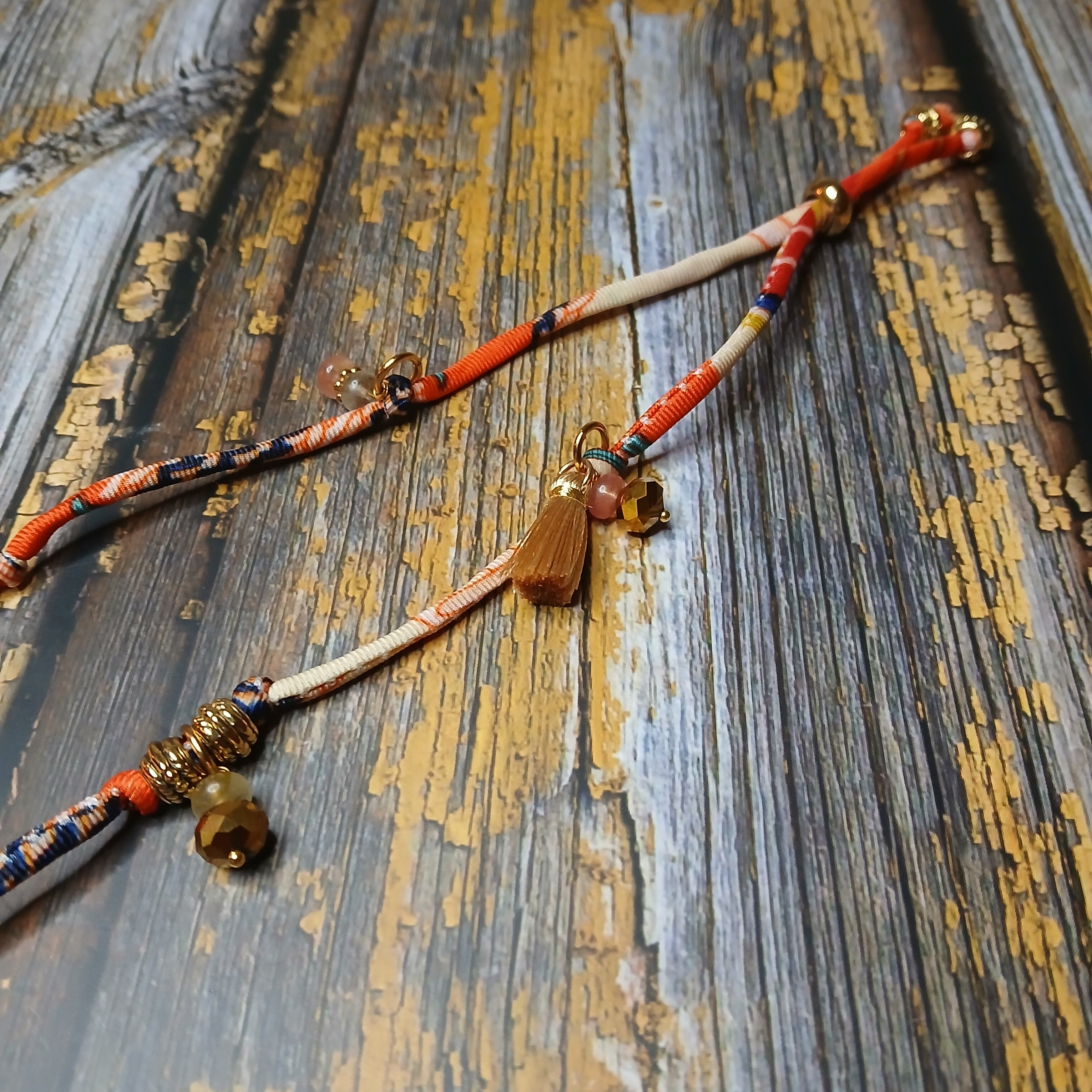 MAIA - Orange & Beige fabric cord, tassel & charm gemstones wrap bracelet