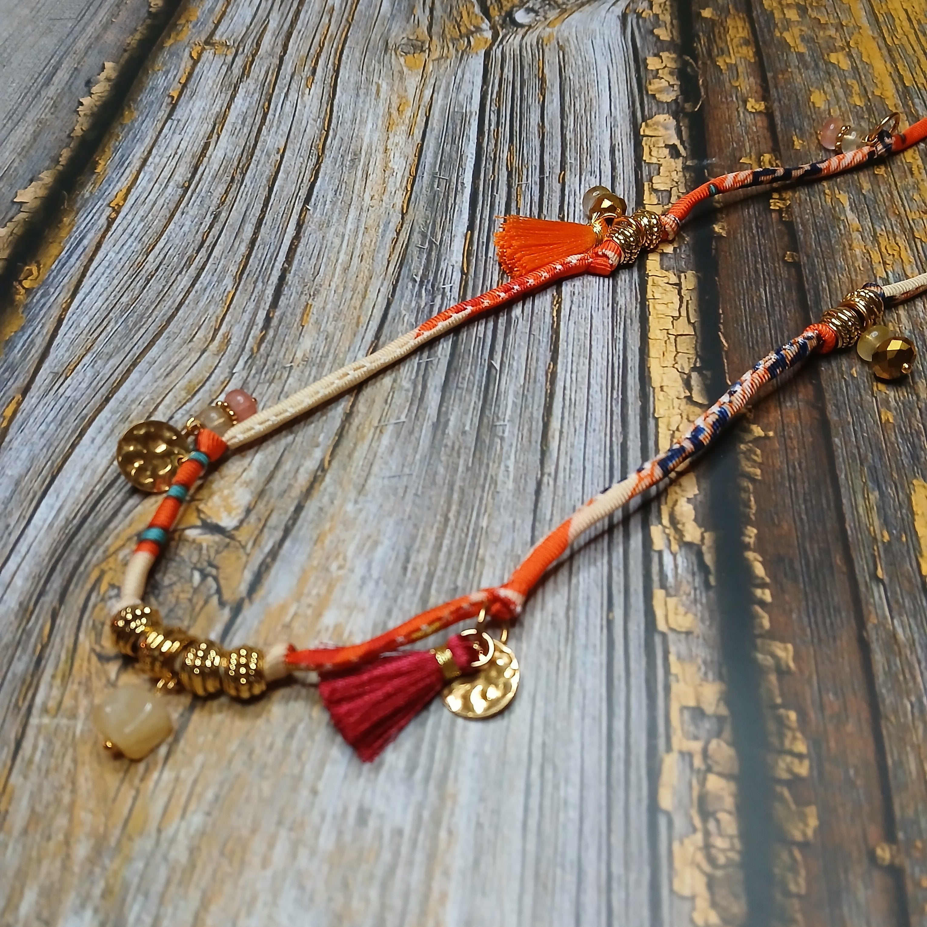 MAIA - Orange & Beige fabric cord, tassel & charm gemstones wrap bracelet