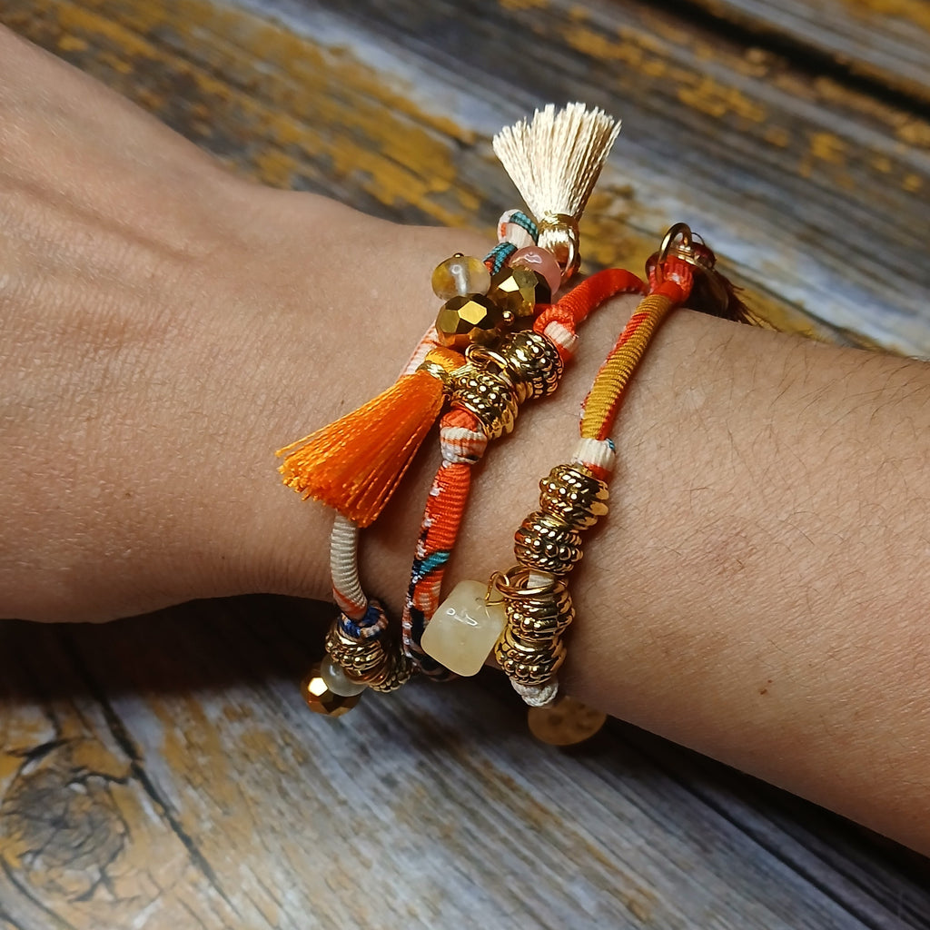MAIA - Orange & Beige fabric cord, tassel & charm gemstones wrap bracelet