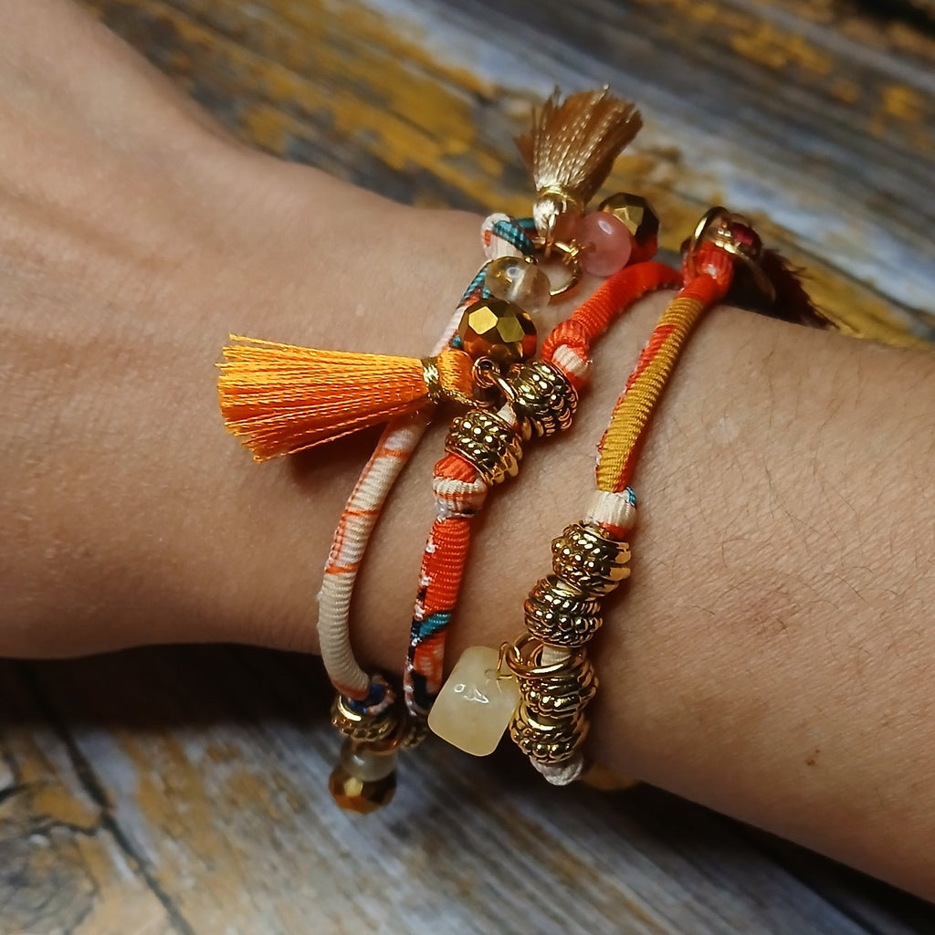 MAIA - Orange & Beige fabric cord, tassel & charm gemstones wrap bracelet
