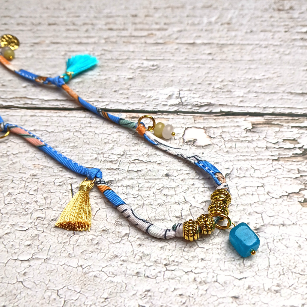 MAIA - Blue & White fabric cord, tassel & charm gemstones wrap bracelet