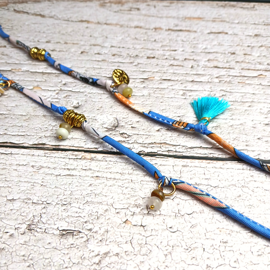 MAIA - Blue & White fabric cord, tassel & charm gemstones wrap bracelet