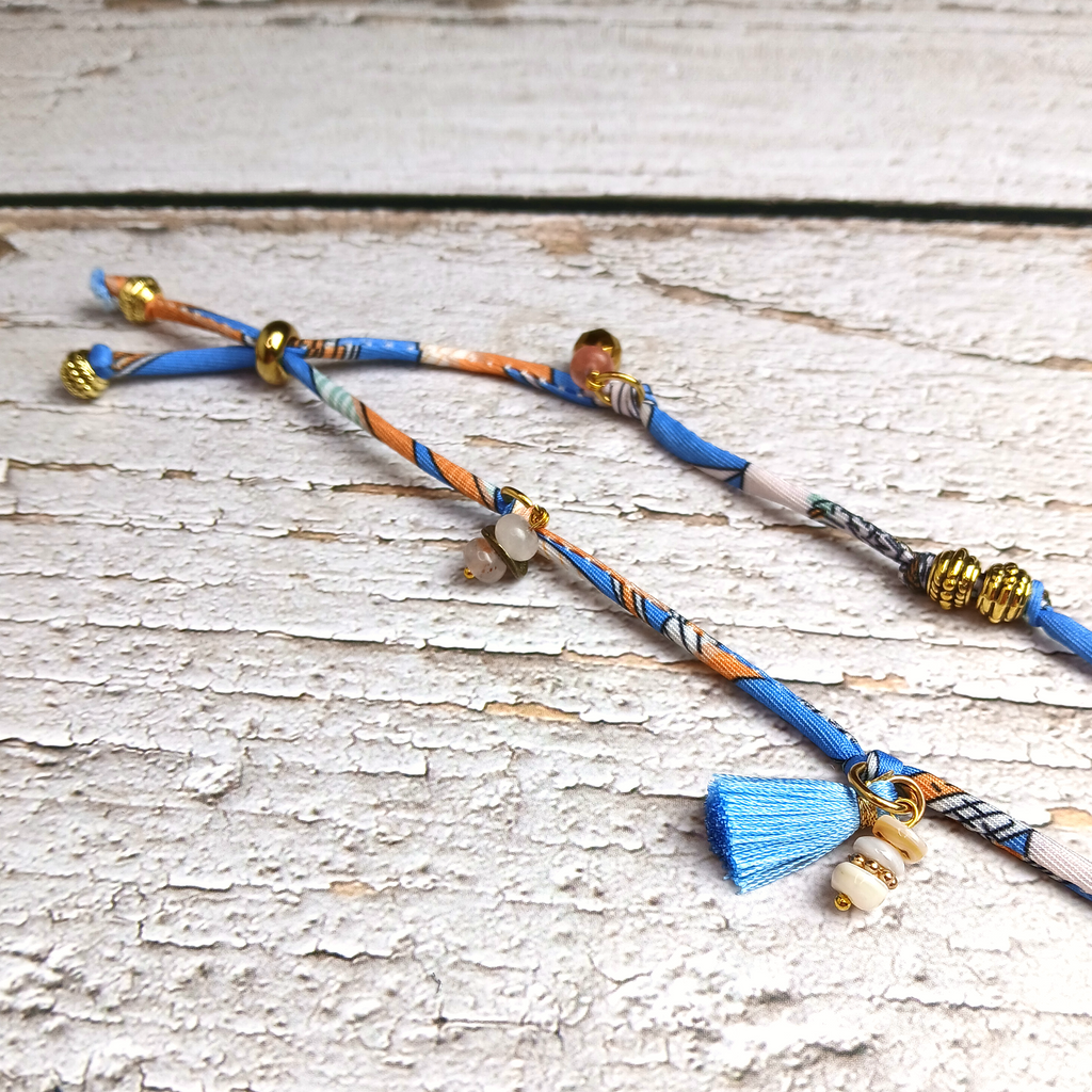 MAIA - Blue & White fabric cord, tassel & charm gemstones wrap bracelet