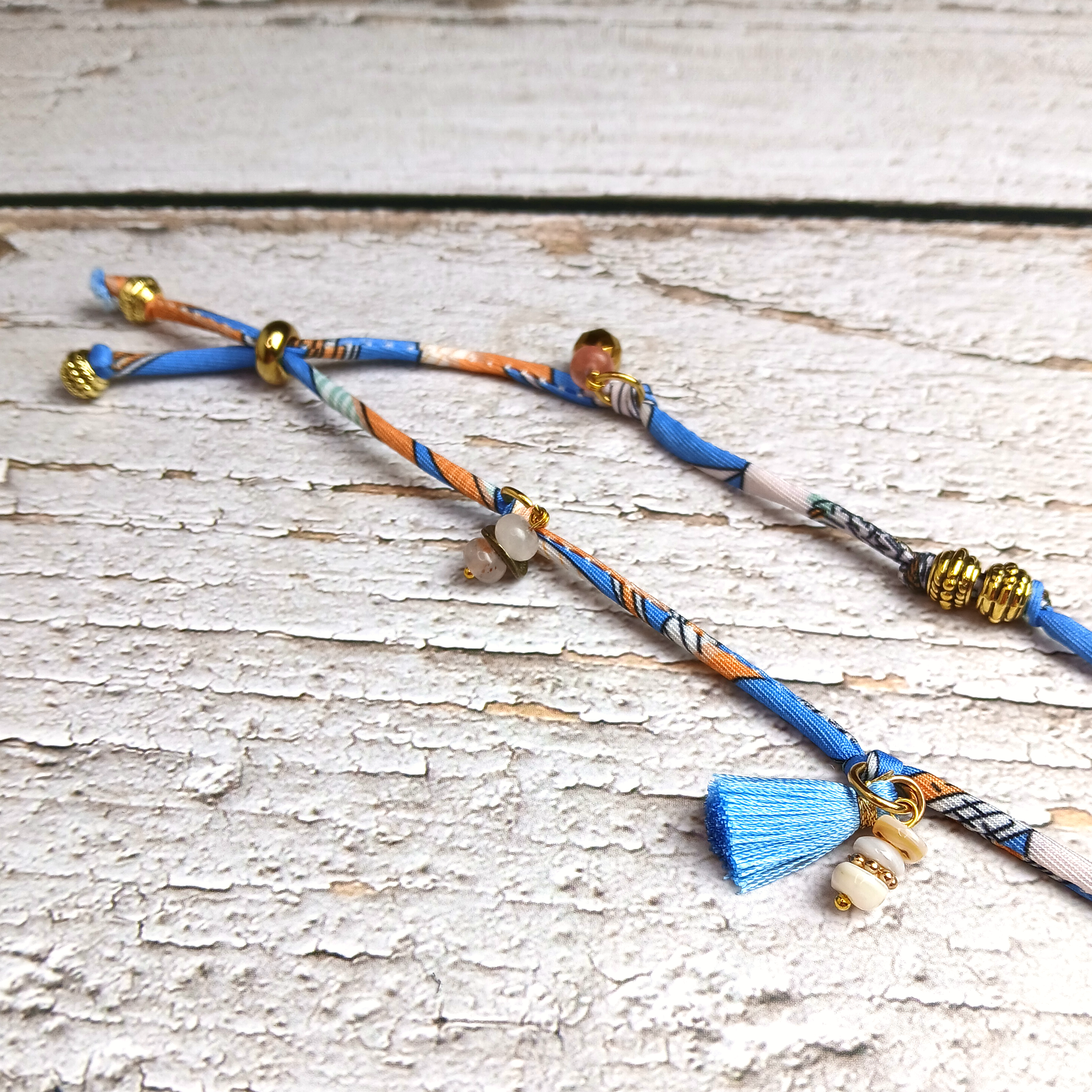 MAIA - Blue & White fabric cord, tassel & charm gemstones wrap bracelet