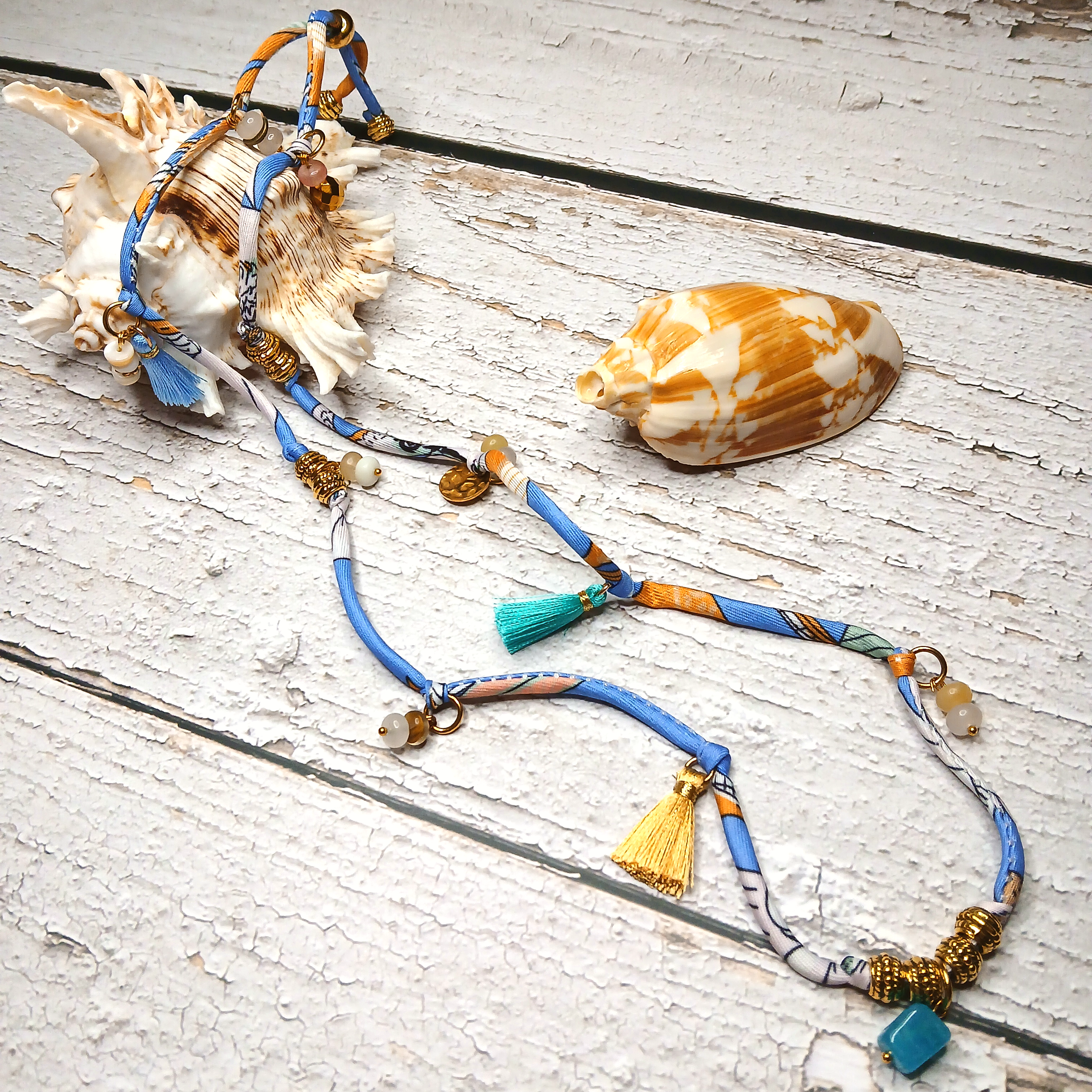 MAIA - Blue & White fabric cord, tassel & charm gemstones wrap bracelet