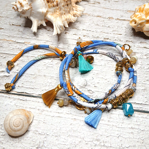MAIA - Blue & White fabric cord, tassel & charm gemstones wrap bracelet