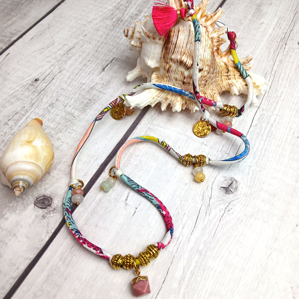 MAIA - Purple & White fabric cord, tassel & charm gemstones wrap bracelet