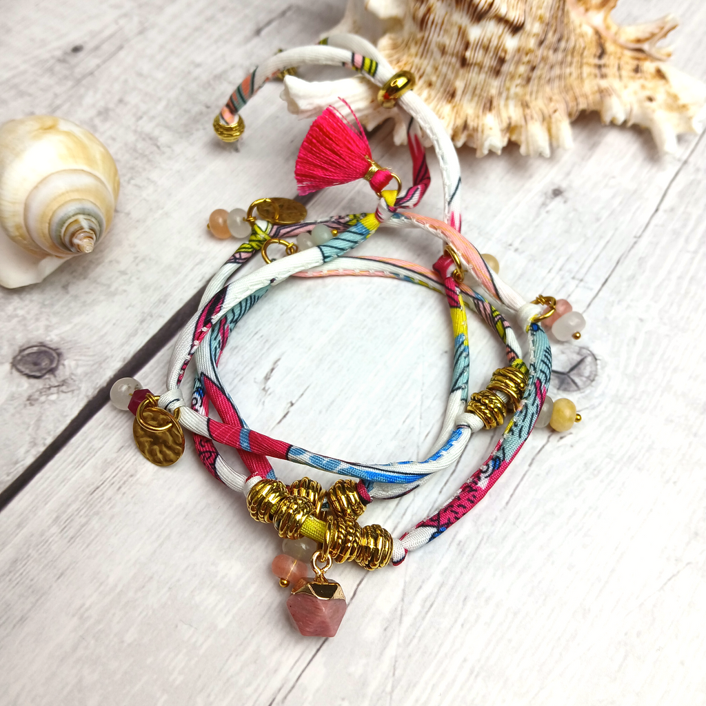 MAIA - Purple & White fabric cord, tassel & charm gemstones wrap bracelet