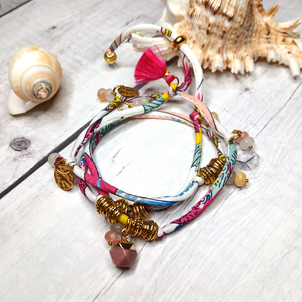 MAIA - Purple & White fabric cord, tassel & charm gemstones wrap bracelet
