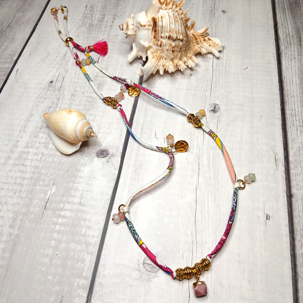 MAIA - Purple & White fabric cord, tassel & charm gemstones wrap bracelet