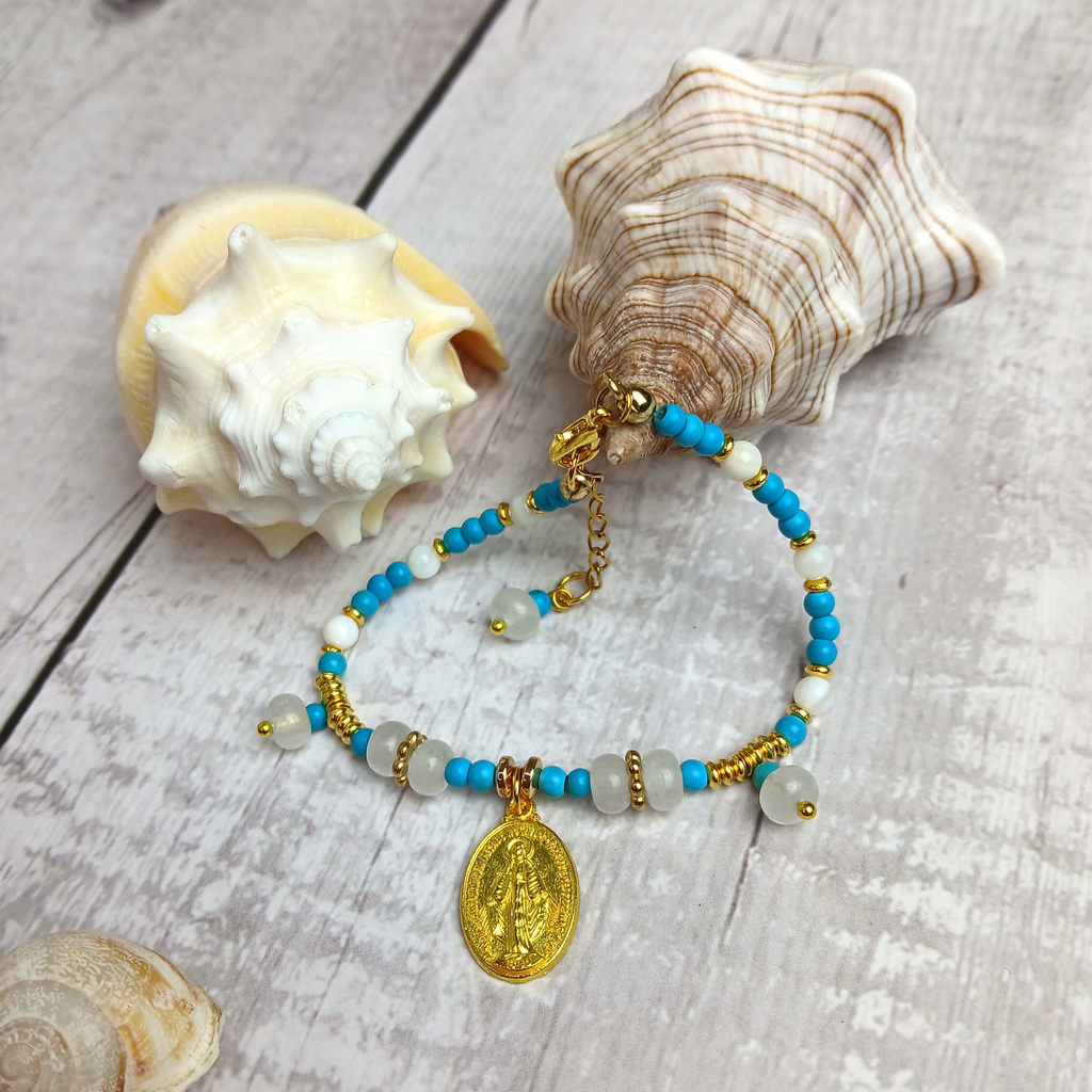 MARY - Turquoise & Agate & Shell Virgin Mary medal bracelet