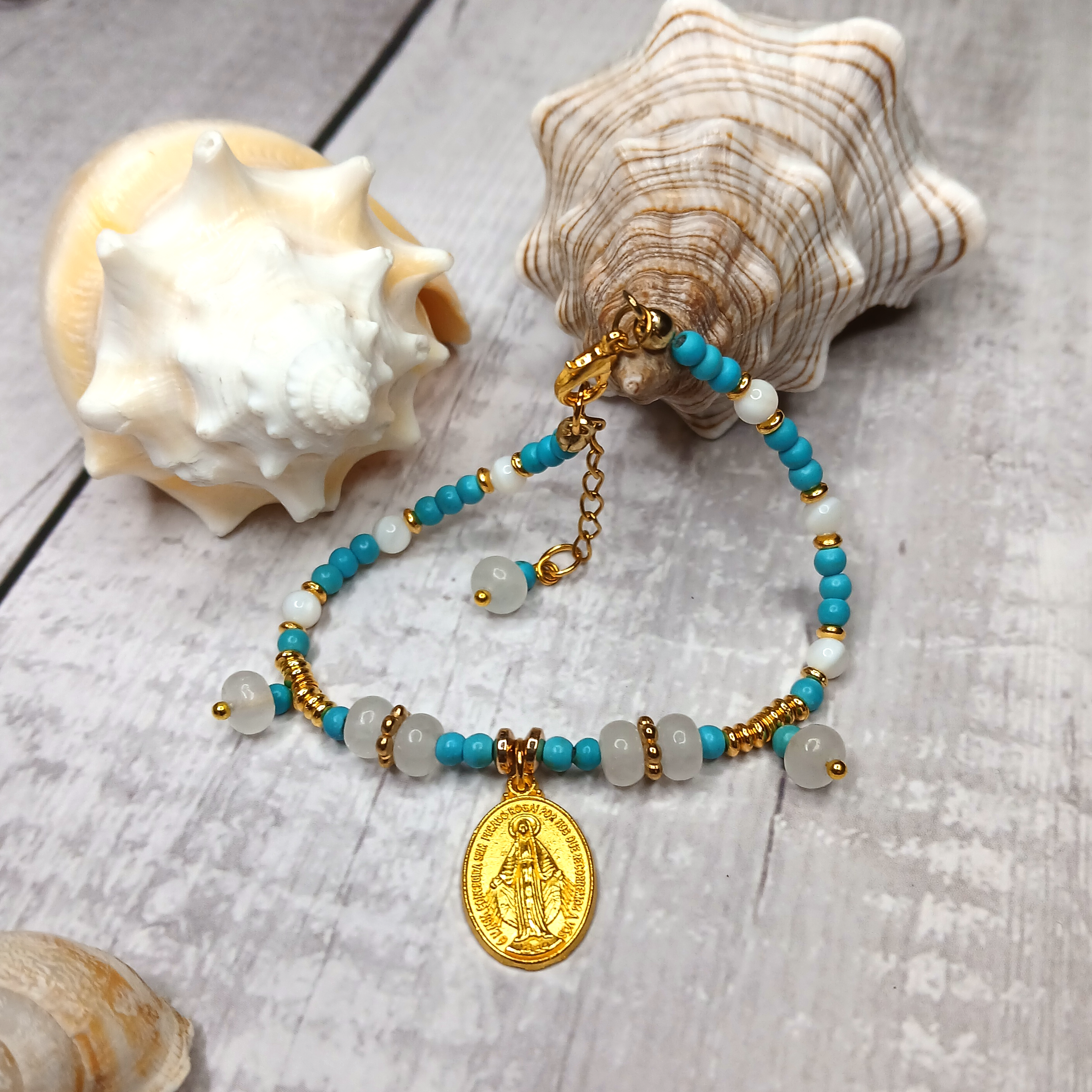 MARY - Turquoise & Agate & Shell Virgin Mary medal bracelet