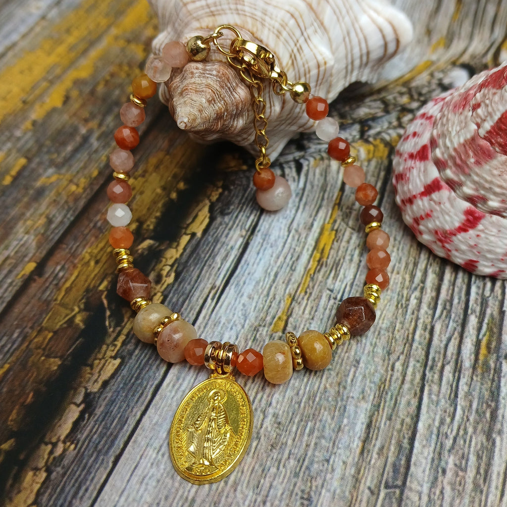 MARY - Red Quartz & Agate Virgin Mary medal bracelet