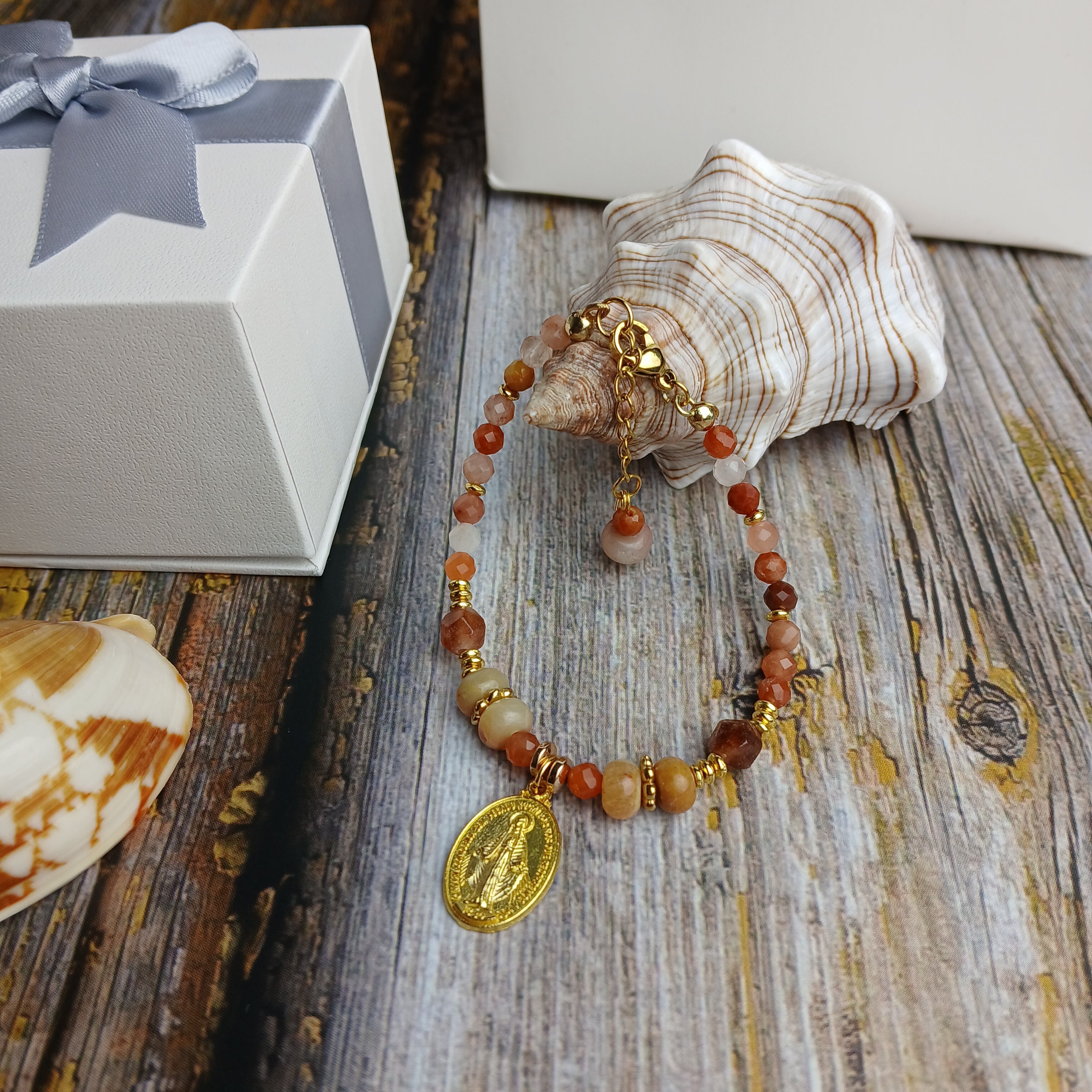 MARY - Red Quartz & Agate Virgin Mary medal bracelet