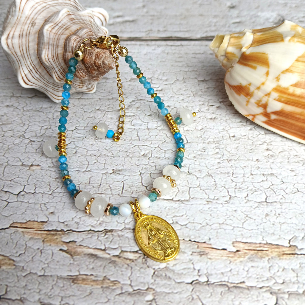 MARY - Apatite & Agate & Shell Virgin Mary medal bracelet