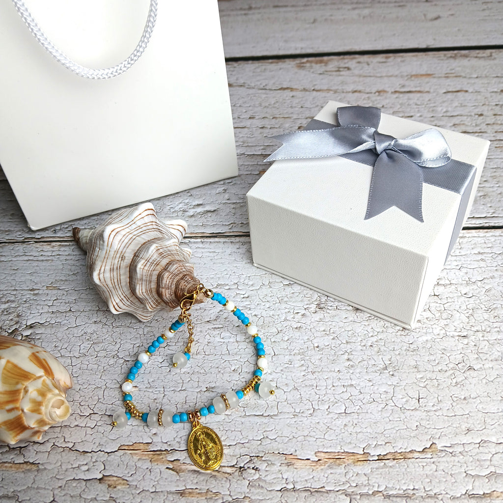 MARY - Turquoise & Agate & Shell Virgin Mary medal bracelet