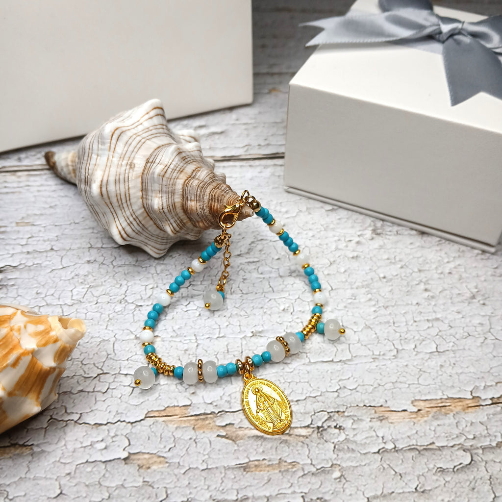 MARY - Turquoise & Agate & Shell Virgin Mary medal bracelet