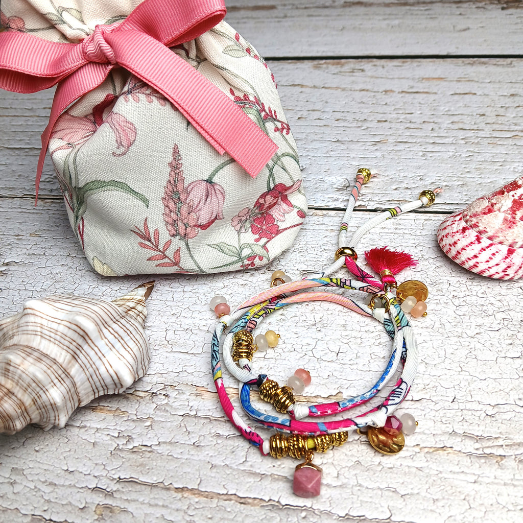 MAIA - Purple & White fabric cord, tassel & charm gemstones wrap bracelet