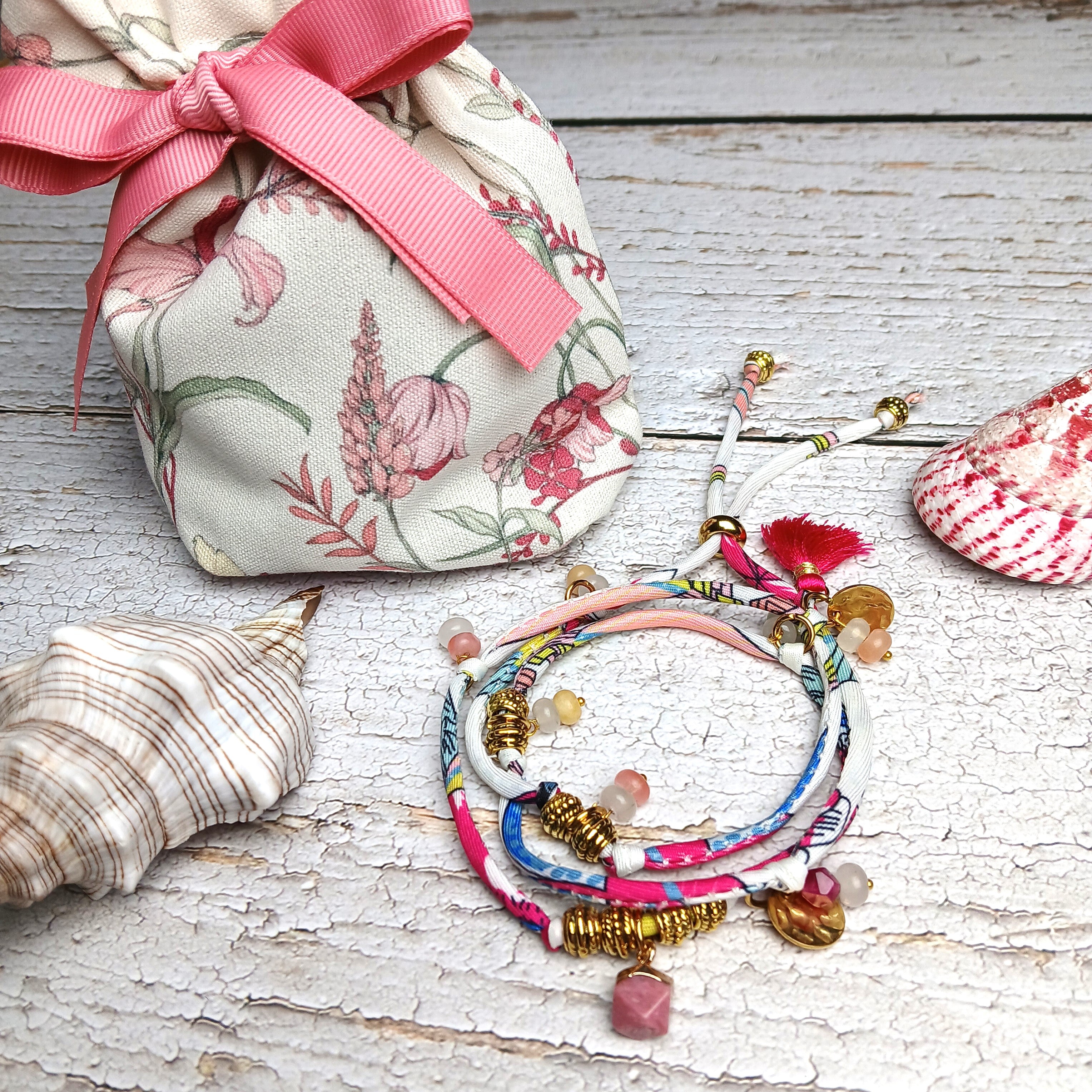MAIA - Purple & White fabric cord, tassel & charm gemstones wrap bracelet