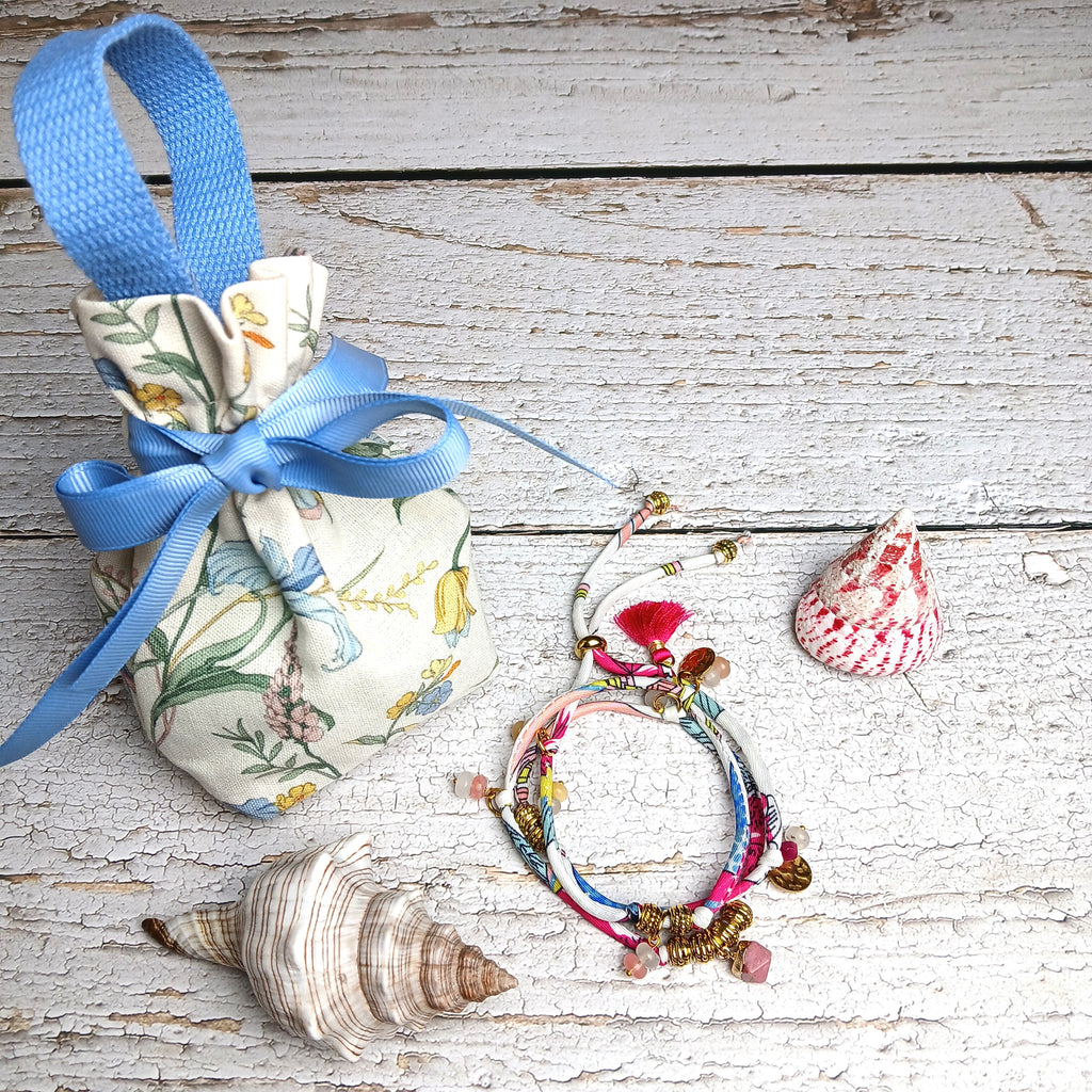 MAIA - Purple & White fabric cord, tassel & charm gemstones wrap bracelet