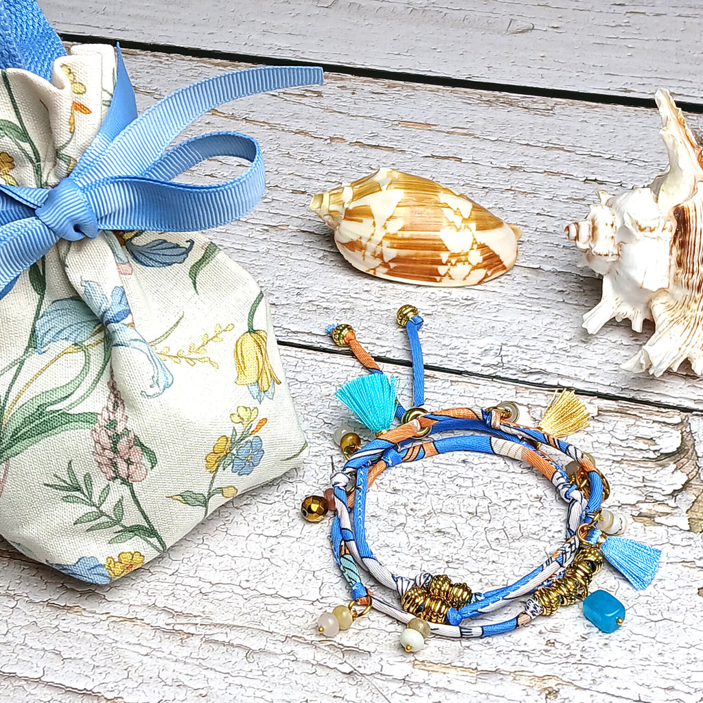 MAIA - Blue & White fabric cord, tassel & charm gemstones wrap bracelet