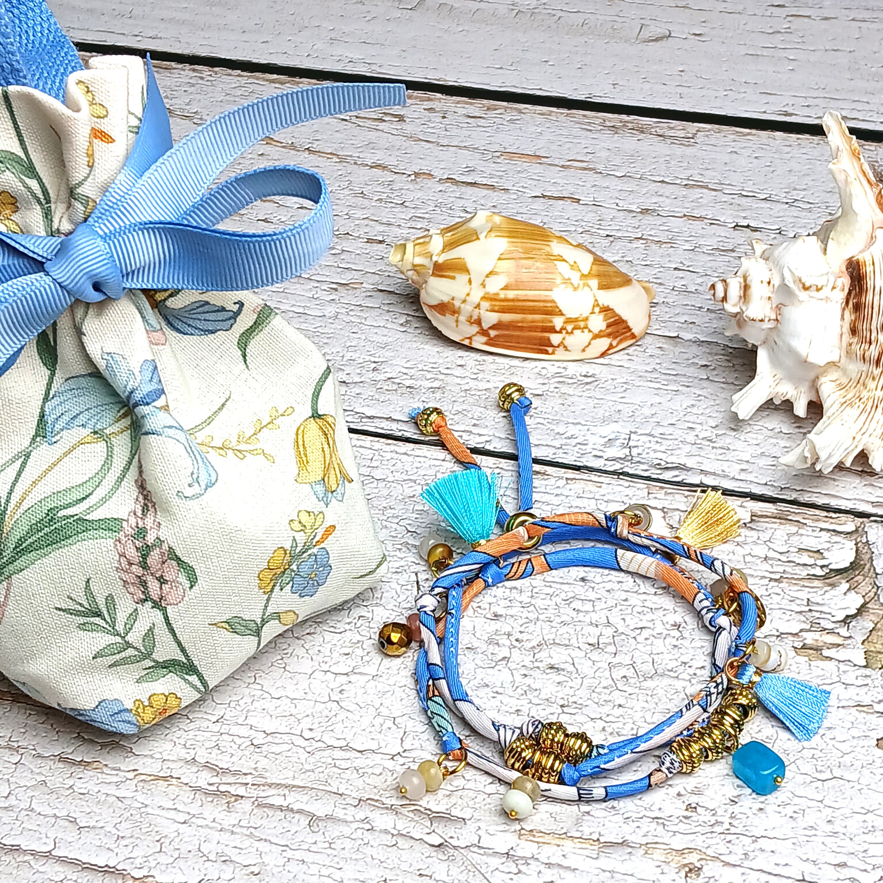MAIA - Blue & White fabric cord, tassel & charm gemstones wrap bracelet