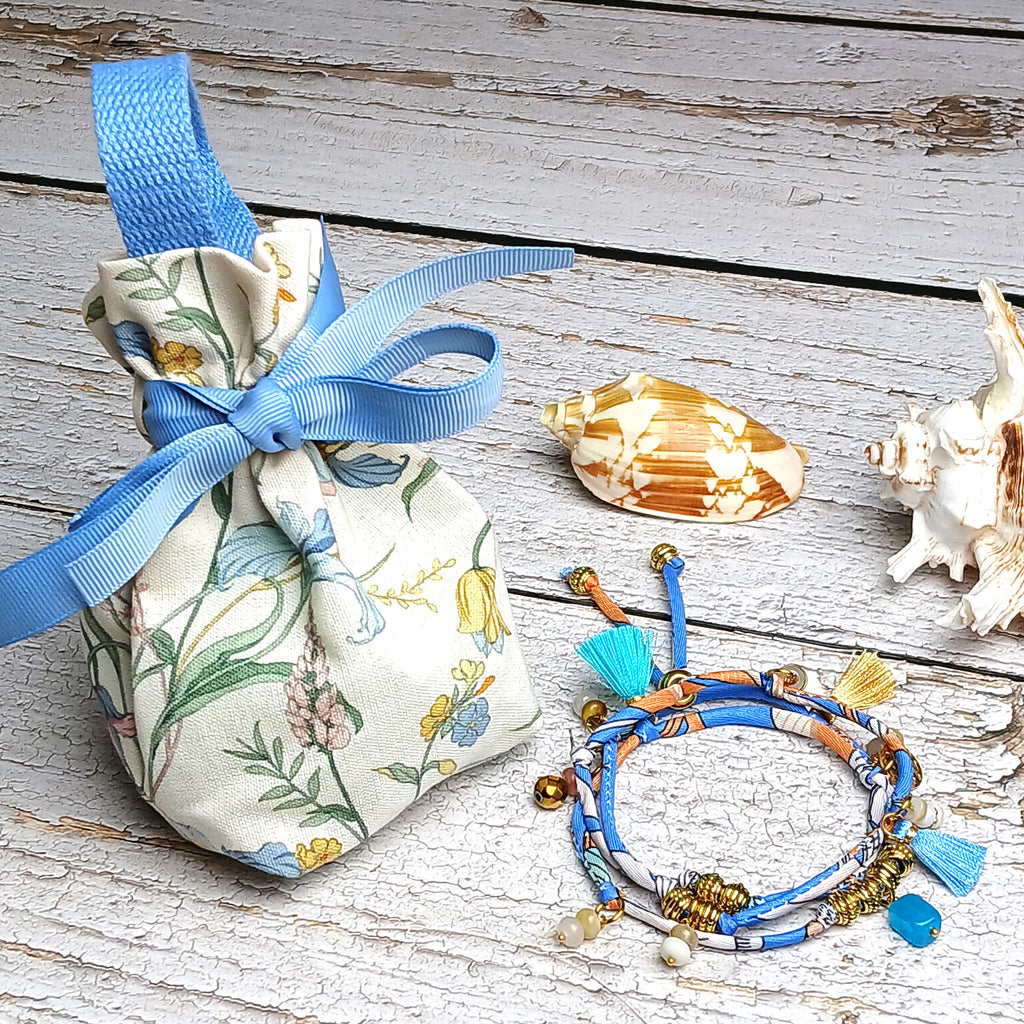 MAIA - Blue & White fabric cord, tassel & charm gemstones wrap bracelet