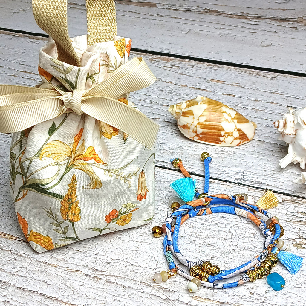 MAIA - Blue & White fabric cord, tassel & charm gemstones wrap bracelet