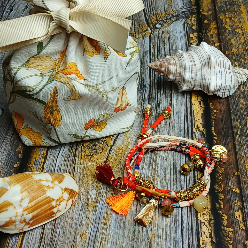 MAIA - Orange & Beige fabric cord, tassel & charm gemstones wrap bracelet