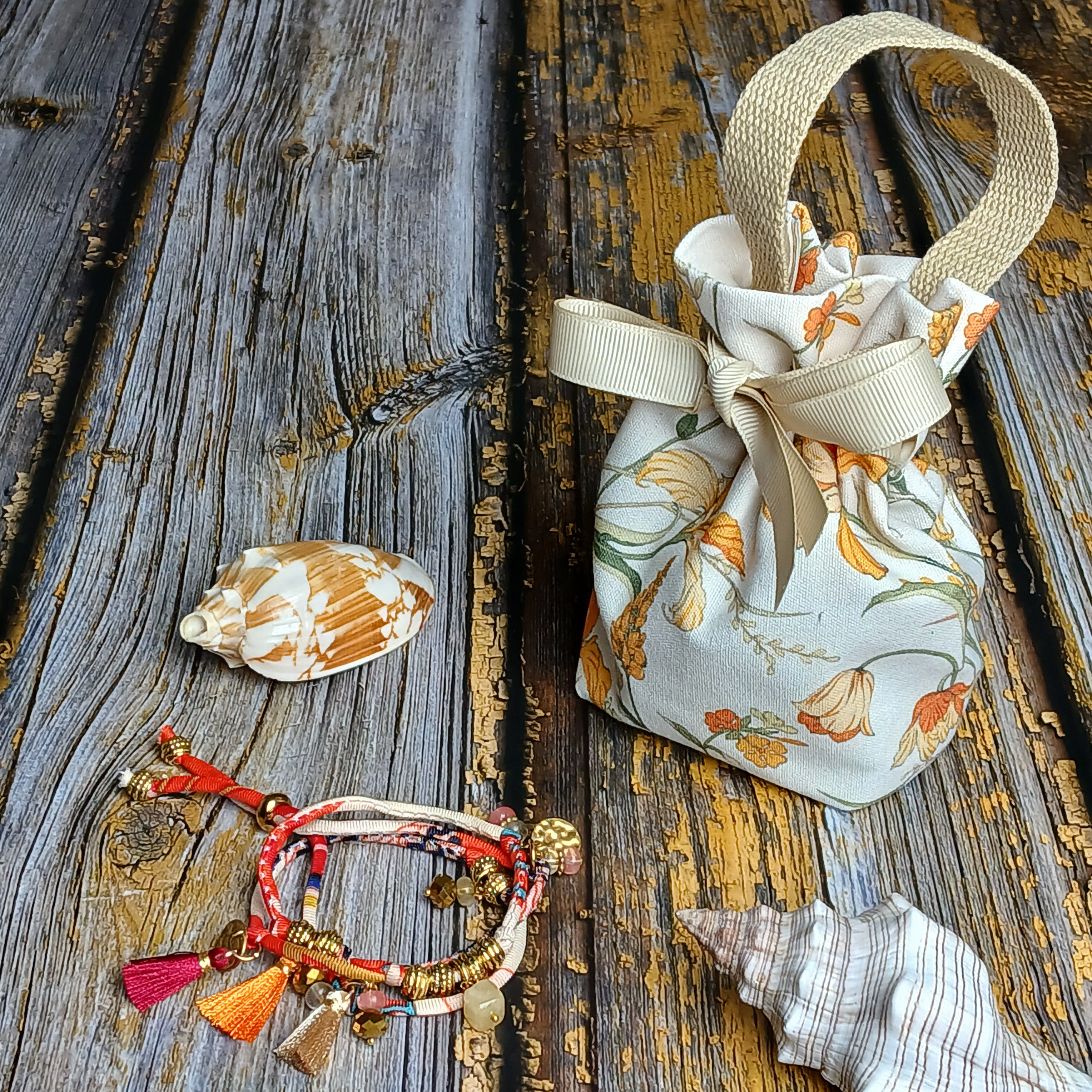 MAIA - Orange & Beige fabric cord, tassel & charm gemstones wrap bracelet