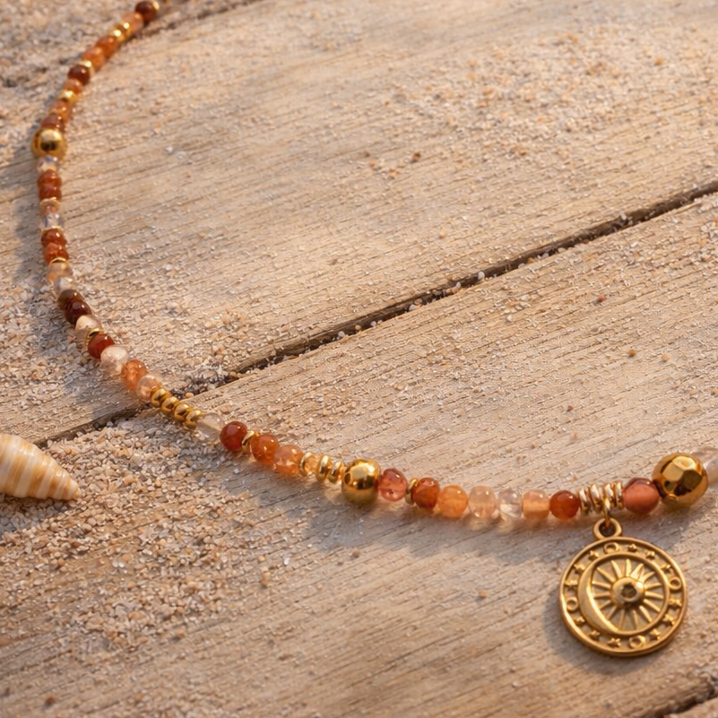 ANTARES - Red Quartz & Agate, 18k plated pendant, 3x wraps bracelet