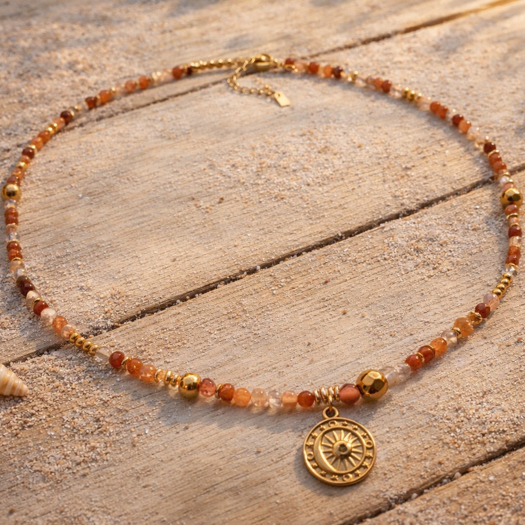 ANTARES - Red Quartz & Agate, 18k plated pendant, 3x wraps bracelet