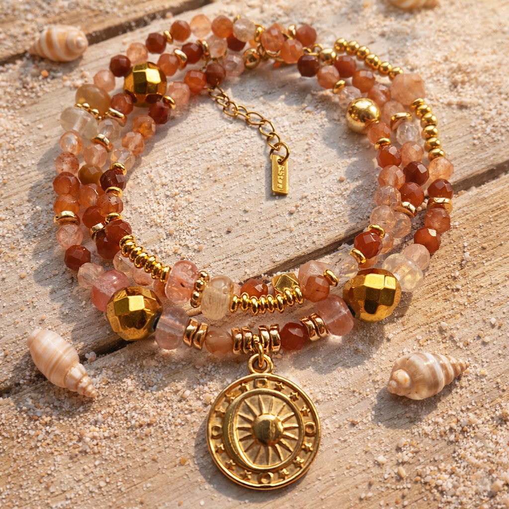 ANTARES - Red Quartz & Agate, 18k plated pendant, 3x wraps bracelet