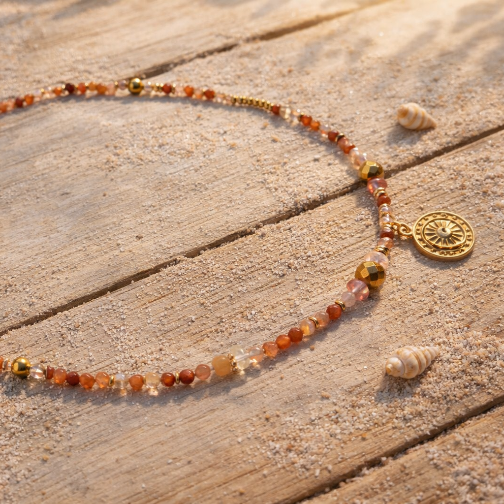 ANTARES - Red Quartz & Agate, 18k plated pendant, 3x wraps bracelet