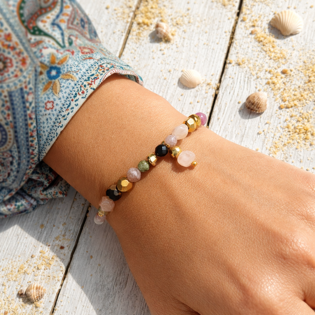 MIRA - Tourmaline & Agate & golden Hematite charm bracelet