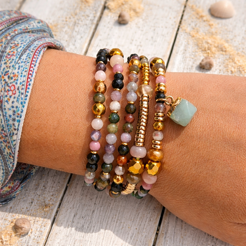 VEGA - Tourmaline & Agate & Amazonite, charm & pendant, 5x wraps bracelet