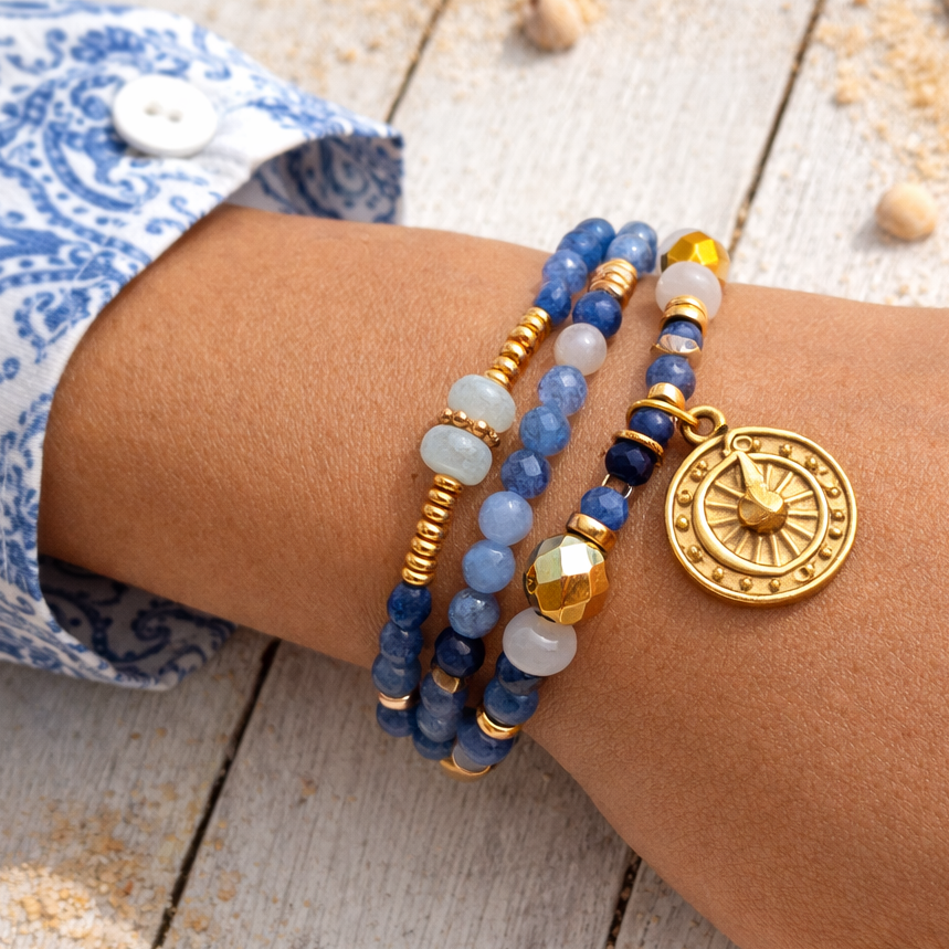 ANTARES - Aventurine & Agate, 18k gold plated pendant, 3x wraps bracelet