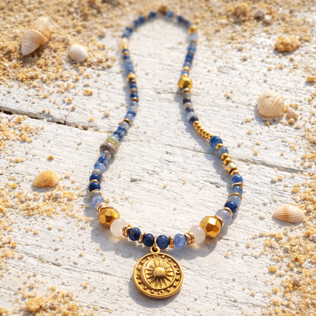 ANTARES - Aventurine & Agate, 18k gold plated pendant, 3x wraps bracelet