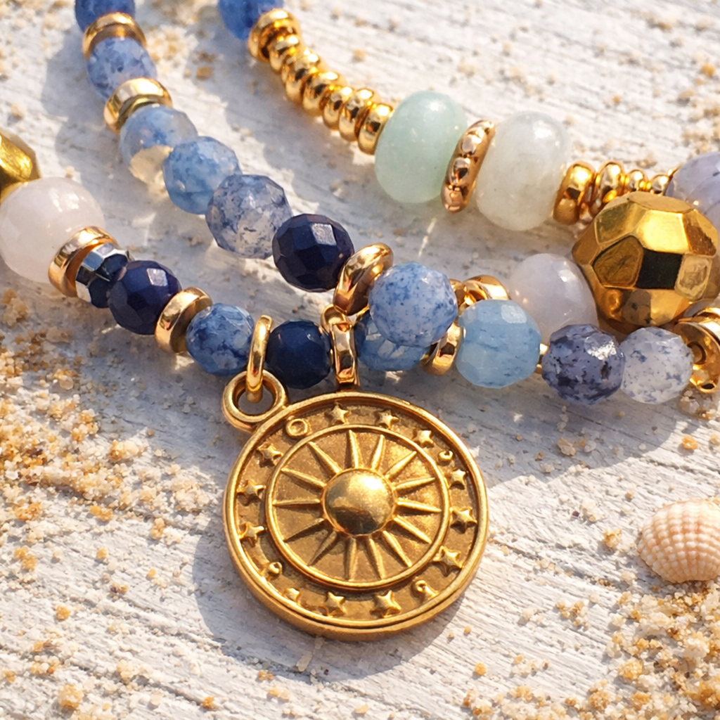 ANTARES - Aventurine & Agate, 18k gold plated pendant, 3x wraps bracelet
