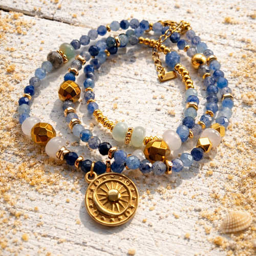 ANTARES - Aventurine & Agate, 18k gold plated pendant, 3x wraps bracelet