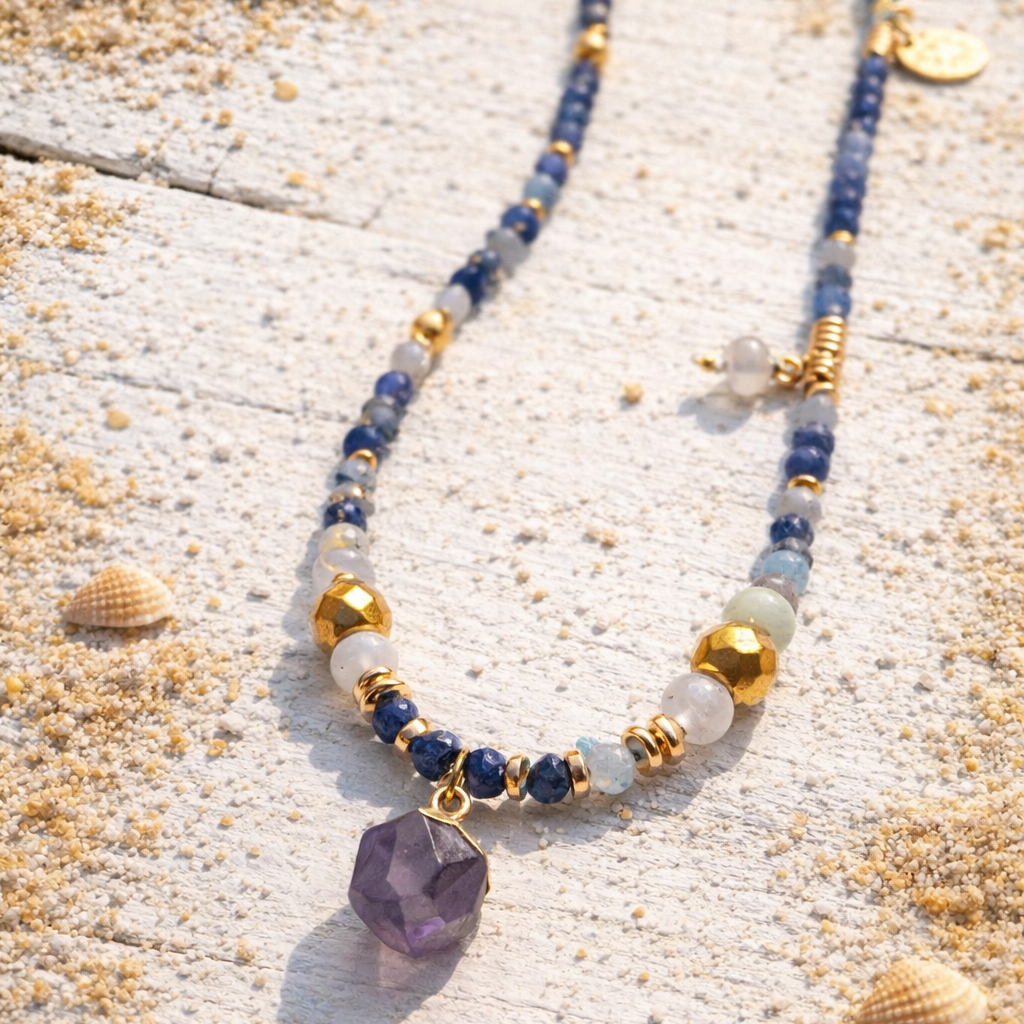 VEGA - Aventurine & Amazonite, charm & Amethyst pendant, 5x wraps bracelet