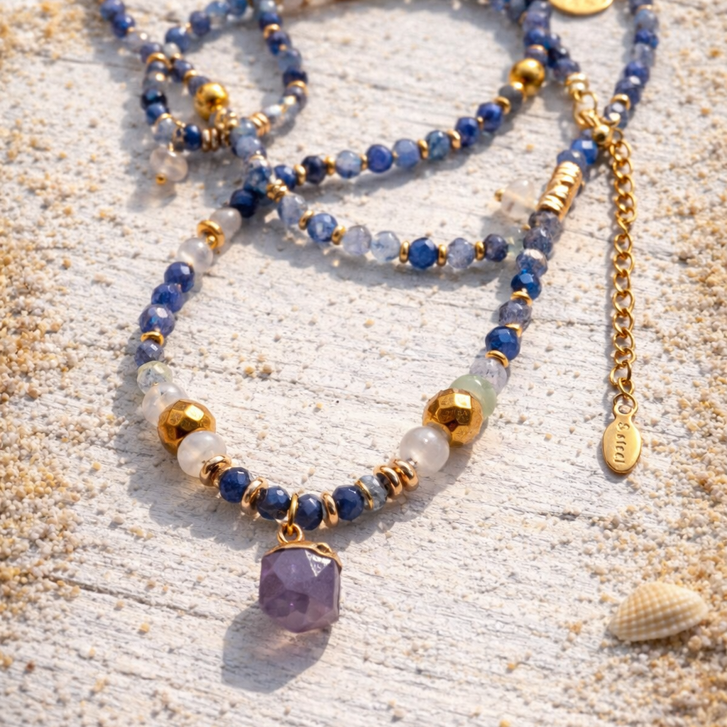 VEGA - Aventurine & Amazonite, charm & Amethyst pendant, 5x wraps bracelet