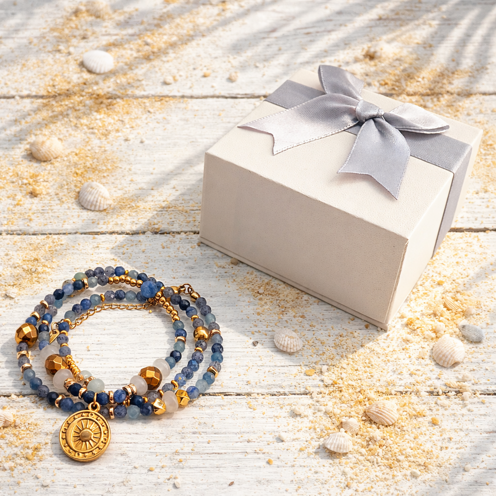 ANTARES - Aventurine & Agate, 18k gold plated pendant, 3x wraps bracelet