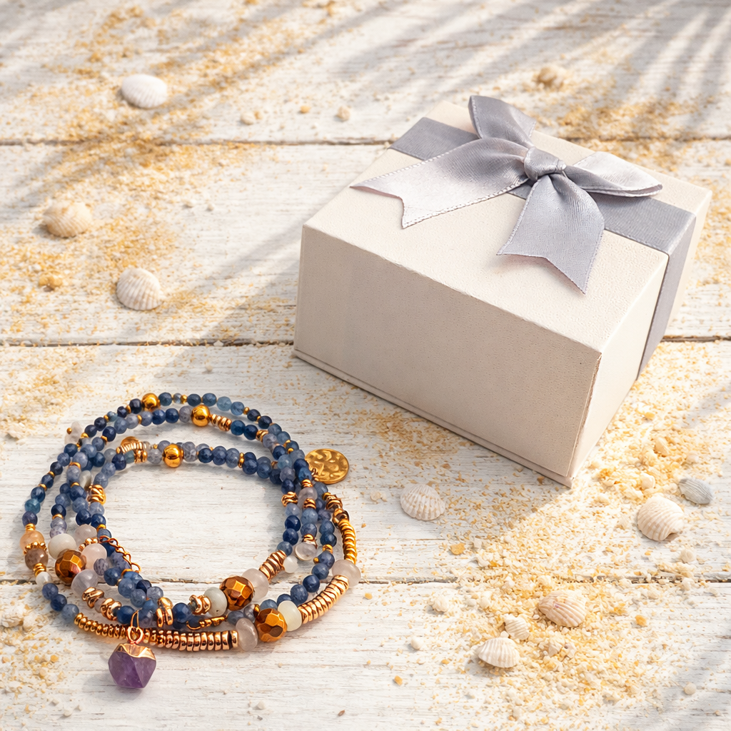 VEGA - Aventurine & Amazonite, charm & Amethyst pendant, 5x wraps bracelet