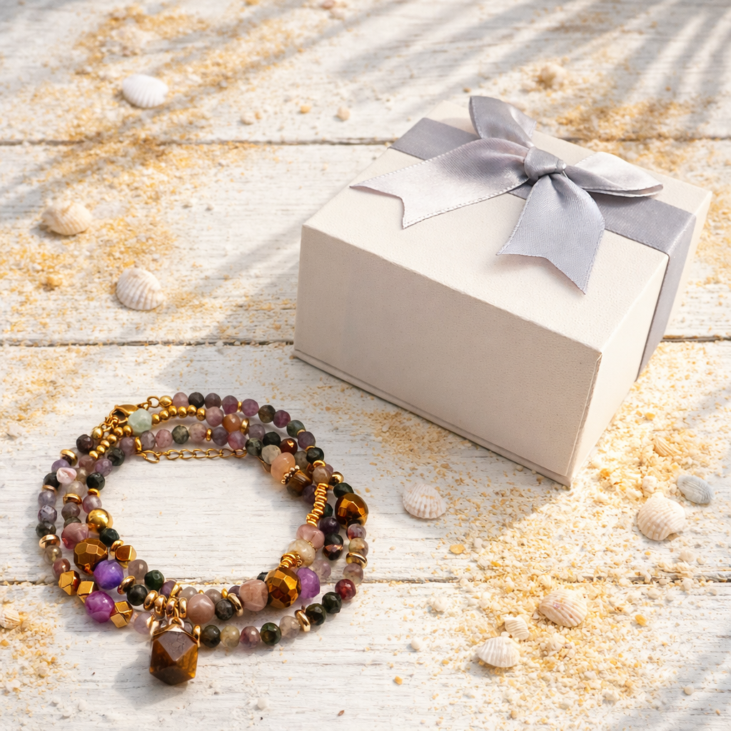 ANTARES - Tourmaline & Agate, charm & Tiger Eye pendant, 3x wraps bracelet